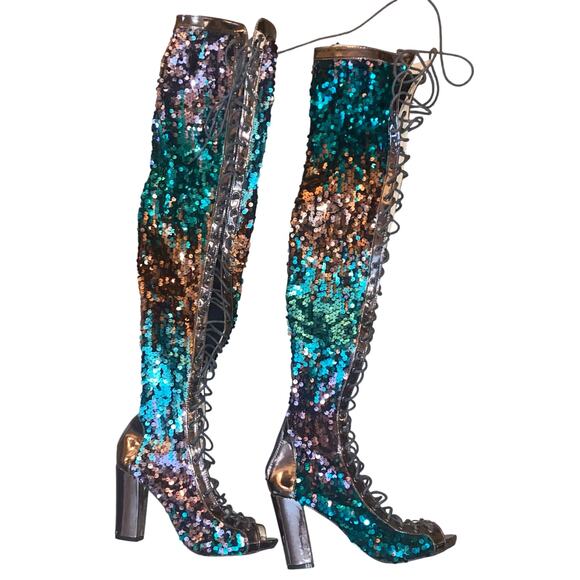 Chase + Chloe purple teal bronze Sequin Thigh High Lace Up Boots 9 Back Zip rave - Picture 7 of 14